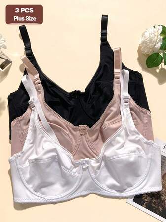 3pcs/Set Solid Color Comfy Minimalist Leisure Bowknot Decor Wireless Sports Bras For Plus Size Women, Lift