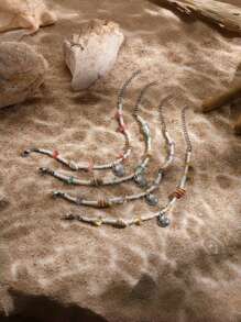 Women's Bohemian Seed Beaded Necklace Set, Hawaiian Handcrafted Turquoise Beach Bead Necklace Jewelry