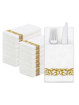 25pcs Disposable Fabric Golden Pattern Napkin With Built-In Tableware Pocket, Wedding Party. Linen Texture White Napkin Pre-Folding, Suitable For Weddings, Festivals, Birthday Parties, And Table Decoration