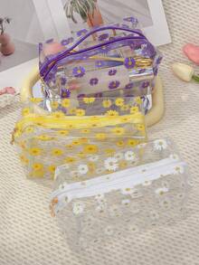 1 Piece Summer Waterproof Cosmetics Bag With Daisy Print Cute Transparent Travel Toiletry Bag PVC Make Up Organizer Bag With Zipper Multi-Functional Clutch Pouch For Summer Holiday Essentials, Beach Essentials, Bathroom Organizer, Pen Organizer, Makeup Brushes Organizer, Skincare Storage Cute Beach Bag Wash Bag Makeup Bag Pencil Case
