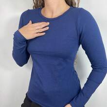 Women's Basic Long Sleeve Cotton Blouse - 藏蓝色 - 查看 2