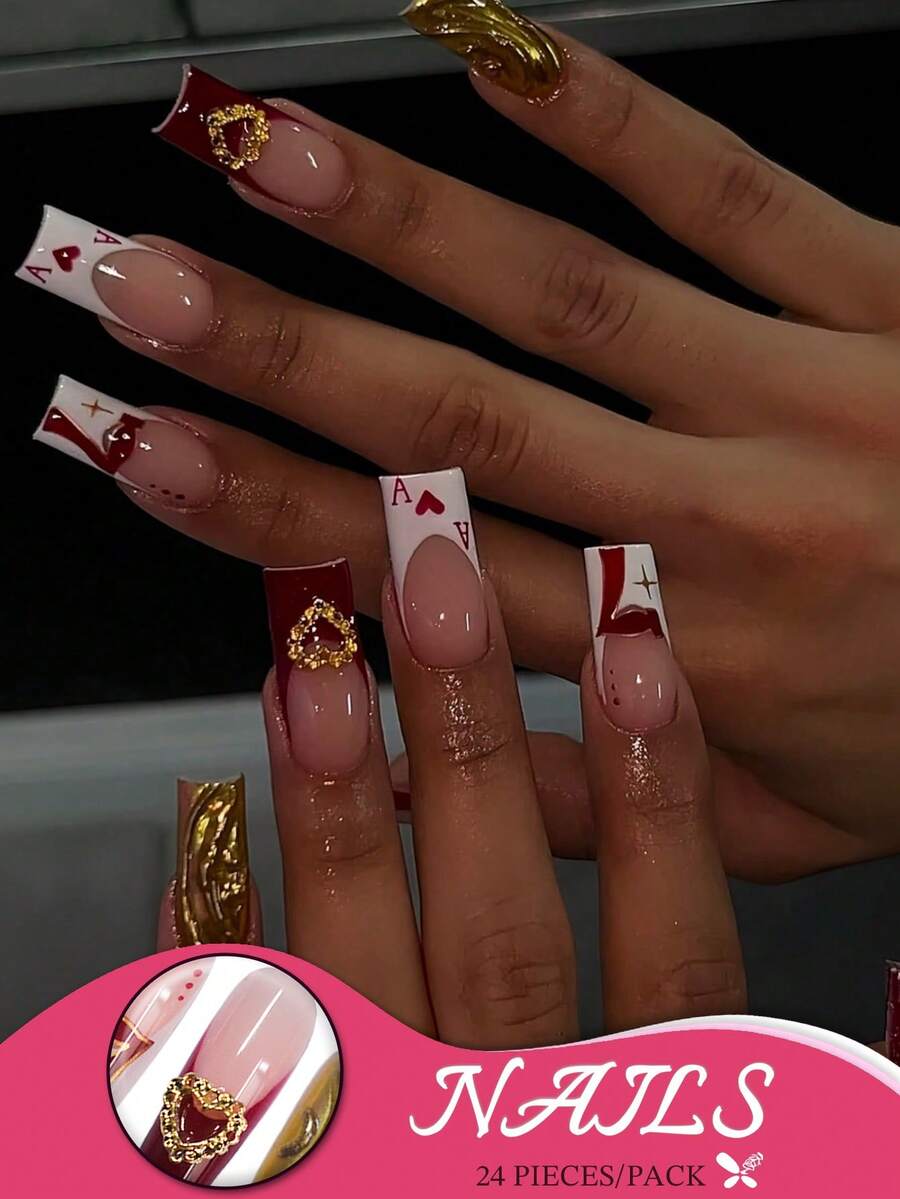 24 件中号方形按压指甲，扑克牌设计，红色渐变和金属金色点缀，3D 金色心形指甲饰物，亮面假指甲，包含指甲胶和指甲锉，非常适合派对美甲和节日造型 美甲用品 - 紅白色 - 查看 1