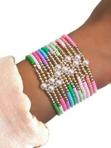 12pcs/Set Bohemian Beach Holiday Style Colorful Uniform Beaded Bracelet Set, Elastic Cord Faux Pearl CCB Beads Suitable For Women Resort Wear