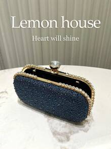 1pc Navy Blue Luxury Rhinestone Decor Clutch Bag, Elegant Lady Party Wedding Bridal Evening Handbag Box Style Purse For Prom, Cocktail, Carnival