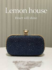 1pc Navy Blue Luxury Rhinestone Decor Clutch Bag, Elegant Lady Party Wedding Bridal Evening Handbag Box Style Purse For Prom, Cocktail, Carnival