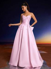 Anymoon Women's Formal Evening Dress, 3D Handmade Floral Decor, Suitable For Graduation Ceremony, Homecoming, And Wedding Occasions - Pink - View 4