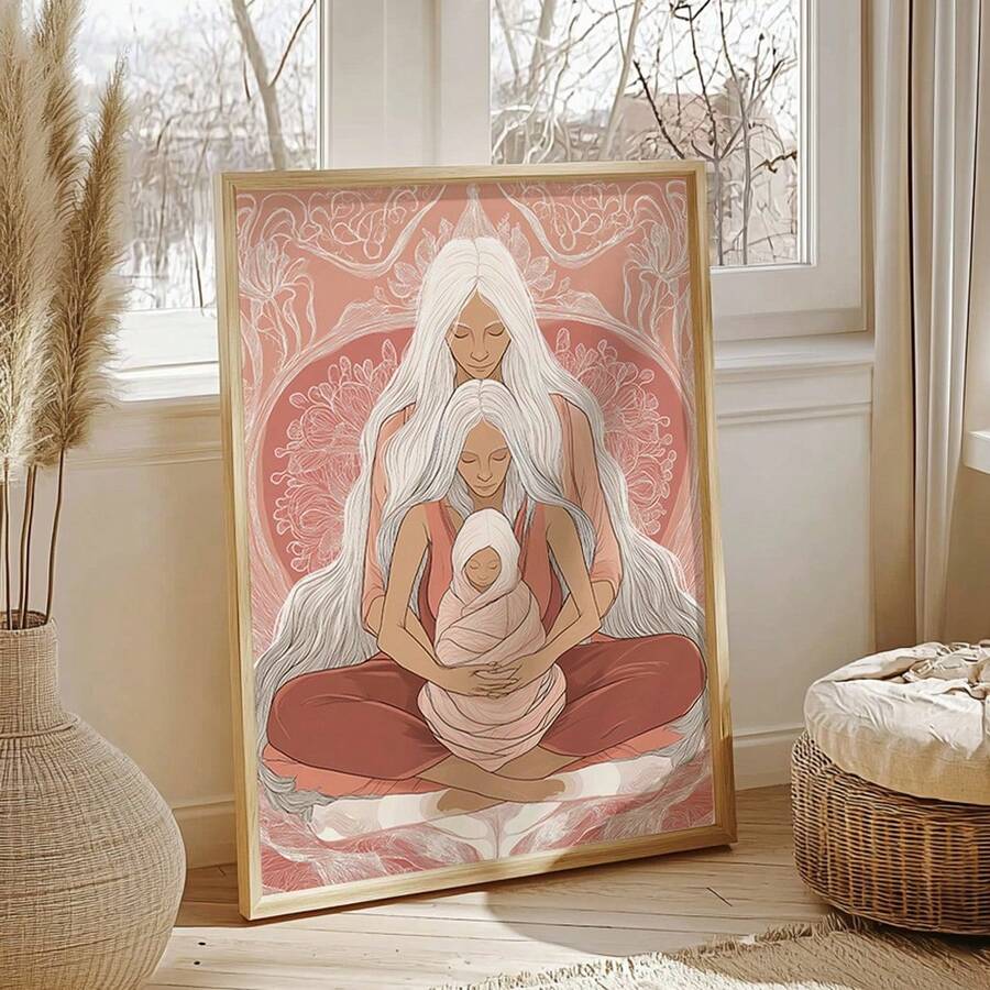 祖先疗愈 - 精美艺术版画，祖母，母亲，孩子，婴儿，世代相传，助产士，礼品插画海报，墙面装饰，灵性分娩，无框 - 彩色 - 查看 1