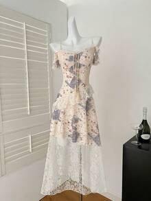 Vestido midi elegante francés con estampado y volantes en el bajo, adecuado para vacaciones, fiesta del té, temporada de bodas, atuendos de verano para mujer, vestido de graduación - Multicolor - Ver 9