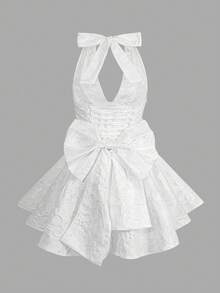 Unadoll 女士春季提花面料深V领露背吊带蝴蝶结性感浪漫连衣裙，适合婚礼、派对、晚宴、生日、鸡尾酒会、情人节等场合。优雅派对 - 白色 - 查看 4