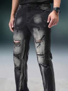 1pc Men's Slim Fit Black Straight Leg Distressed Jeans, Casual Street Wear Cargo Denim Pants, Suitable As Gift For Husband Or Boyfriend