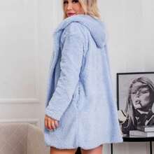 Women's Teddy Coat With Hood And Pocket For Winter - Màu xanh nhạt - Xem 2