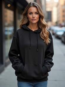 Plain Sweatshirt Kangaroo Unisex Cotton Flannel Front Pocket Adjustable Hooded Blouse Fashion - 黑色 - 查看 2