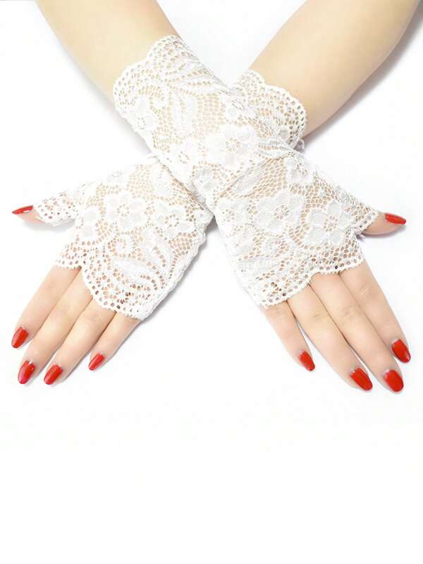 1 Pair Elegant Minimalist Open-Finger Short Gloves, Suitable For Afternoon Tea, Banquet Outfit Matching, White Autumn Accessories