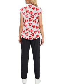 2pcs Set Heart Print Stand Collar Top And Pants Nurse Scrub Uniform - Multicolor - View 3