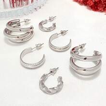 Kit 3 pares brinco argola tripla maravilhoso+Brincos em forma de C+Brincos de metal torcido Folheado em Ouro 18k e Prata 925. - Prata - Visão 7