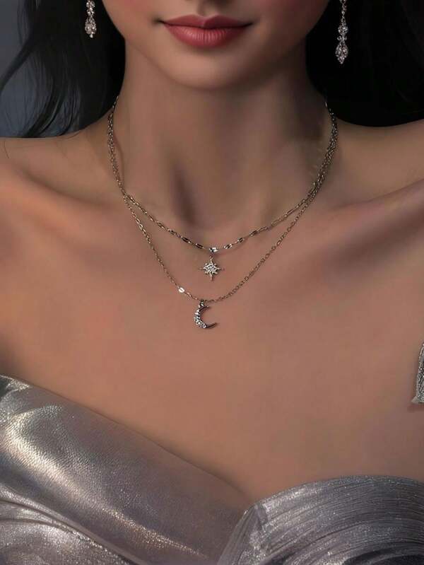 1 pieza Collar de doble capa con diseño de estrellas y lunas para mujeres, estilo de diosa de alta gama, cadena de clavícula minimalista y lujosa, versátil, regalo para amigos, madres y parejas