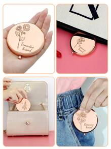 1 pieza Espejo compacto personalizado grabado con nombre y fecha | Espejo compacto floral de acero inoxidable, de doble cara con aumento | Regalo personalizado para cumpleaños, dama de honor, boda, Navidad, Día de San Valentín | Espejo de maquillaje impermeable, adecuado para despedida de soltera, graduación, Día de la madre, regalo especial para mejor amiga/hermana/novia/mamá