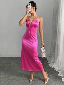 女士优雅时尚吊带长裙 - 玫紅色 - 查看 1