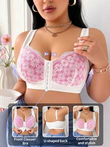 Plus Size Women Non-Wired Lace Patchwork Comfortable Everyday Bras