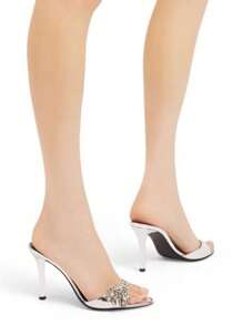 2025 Nouvelles sandales à bride ornées de strass à bout pointu pour l'été, mules à talons hauts fins et ouverts, polyvalentes