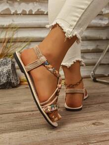 女士宽楦平底凉鞋，时尚奢华舒适凉鞋，百搭派对凉鞋，轻便户外沙滩休闲凉鞋，宽楦设计，适合夏季日常穿着、派对及户外活动 - 米色 - 查看 5