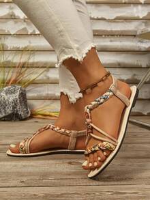 女士宽楦平底凉鞋，时尚奢华舒适凉鞋，百搭派对凉鞋，轻便户外沙滩休闲凉鞋，宽楦设计，适合夏季日常穿着、派对及户外活动 - 米色 - 查看 4