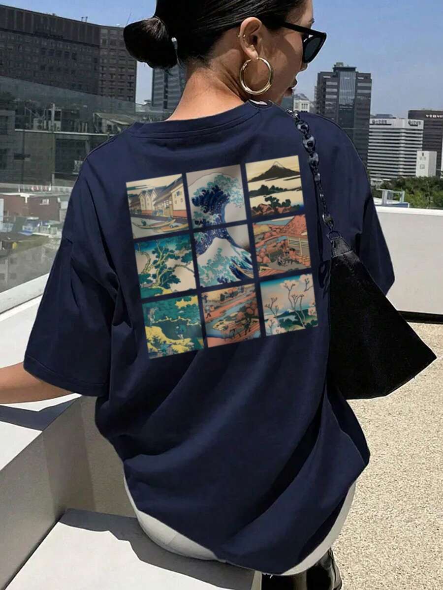 日本浮世绘印花宽松圆领夏季T恤，百搭畅销 - 藏藍 - 查看 1