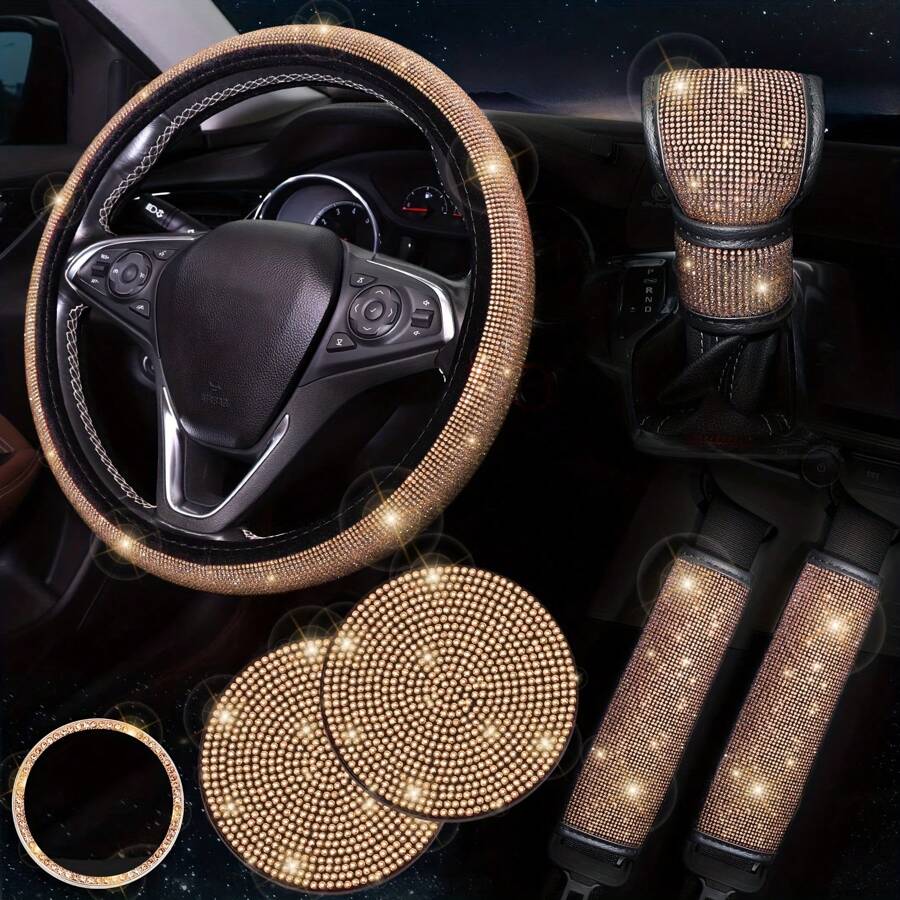 7-Piece Set Of Shiny Car Steering Wheel Cover, With Cup Holder Coaster And Gear Shift Knob Cover, Polyester Fiber Car Diamond Steering Wheel Cover Set, Seat Belt Cushion And Start Button Ring, Universal, No Inner Ring