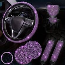 7-Piece Set Of Shiny Car Steering Wheel Cover, With Cup Holder Coaster And Gear Shift Knob Cover, Polyester Fiber Car Diamond Steering Wheel Cover Set, Seat Belt Cushion And Start Button Ring, Universal, No Inner Ring