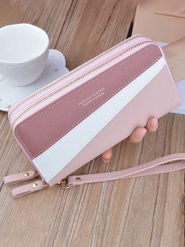 Women's Long Double Zipper Multi-Function Clutch Wallet Simple Ladies Wallet Long Zipper Wallet Spell Leather Color-Block Fashion Coin Purse Card Slot Handbag For Mom, Friend, Colleague Holiday Gifts