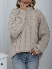Plus Size Cable Knit Pullover Sweater, Dropped Shoulder Long Sleeve Crew Neck Warm Knitted Top Vacation - Khaki - View 2