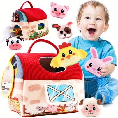 Child Toys 6-12 Months - Surprise Barn With Stuffed Farm Animals, Rattle, Crinkle Paper, Mirror Toys For Kids, Sensory Balls For Kids - Easter Basket Stuffers Gifts