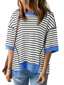 Womens Oversized Striped T Shirt Color Block Cotton Crewneck Half Sleeve Loose Fit Top - màu đen - Xem 2