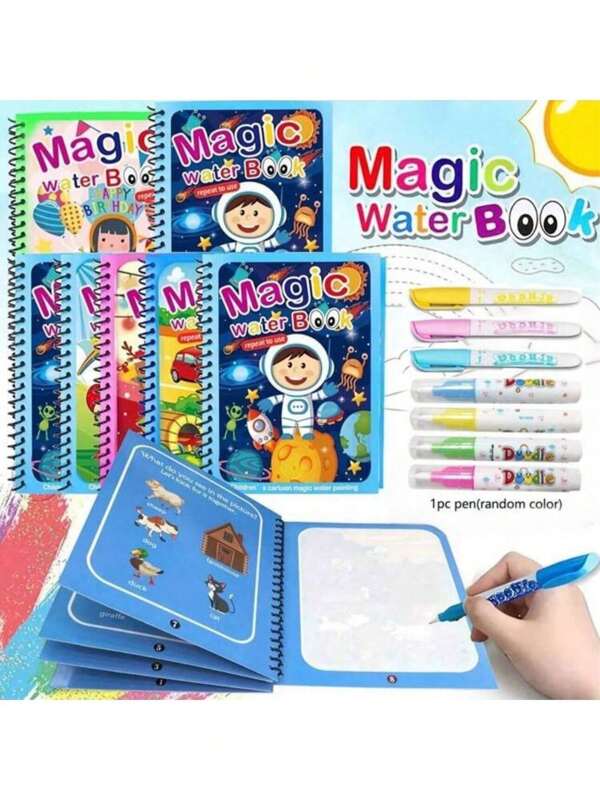 1 Set Magic Water Color Painting Book, Magical Coloring And Drawing Kit, Educational And Reusable Watercolor Painting (Pen And Border Color Of Drawing Book Are Random), For Office, School, Painting, Student, Marker, Stationery, School Supplies, Watercolor, Holiday Party Birthday Gift