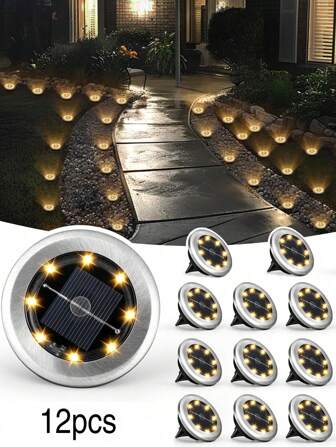 8/12 stuks Mini Solar 8LED ondergrondse verlichting, roestvrijstalen grondlamp op zonne-energie voor buiten, IP65 waterdichte straatverlichting op zonne-energie voor buiten, ondergrondse verlichting op zonne-energie voor gazons, straatverlichting, nachtlampje, klein en schattig, decoratieve tuin, villa, tuin, gazon, weg, voetpad, laan, zonne-landschapsverlichting, kan ook worden gebruikt als sfeervolle decoratieverlichting voor Kerstmis en Halloween.