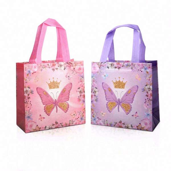 24/48pcs Butterfly Flower Gift Bags With Handles Pink Purple Butterfly Non-Woven Tote Bags Spring Floral Candy Gift Bags, Butterfly Pattern Gift Bags, Portable Candy Packaging Tote Bags, Butterfly Theme Birthday Party Decorations, Shower Gift Bags, Suitable For Family Holiday Party Gift Packaging Valentine's Day, Gift Packaging Bags
