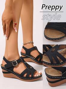 2025夏季新款复古坡跟凉鞋，黑色纯色拼接设计，皮革鞋面透气舒适，圆头后系带踝带，超轻鞋底，适合日常穿着和旅行必备 - 黑色 - 查看 2