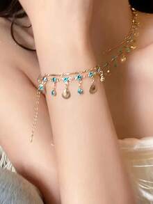 1pc Shell & Zirconia Tassel Double-Layer Bracelet, Copper Material Bohemian Ocean Style Pendant Bracelet, Suitable For Women Beach Holiday & Daily Wear - Multicolor - View 2