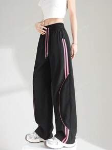 Casual Loose Drawstring Pocket Stitching Color Contrast Trousers,