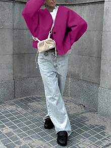 Ladies Woolen V-Neck Cardigan, Kimono-Style Autumn/Winter Outerwear, British Fashion - Hot Pink - View 8