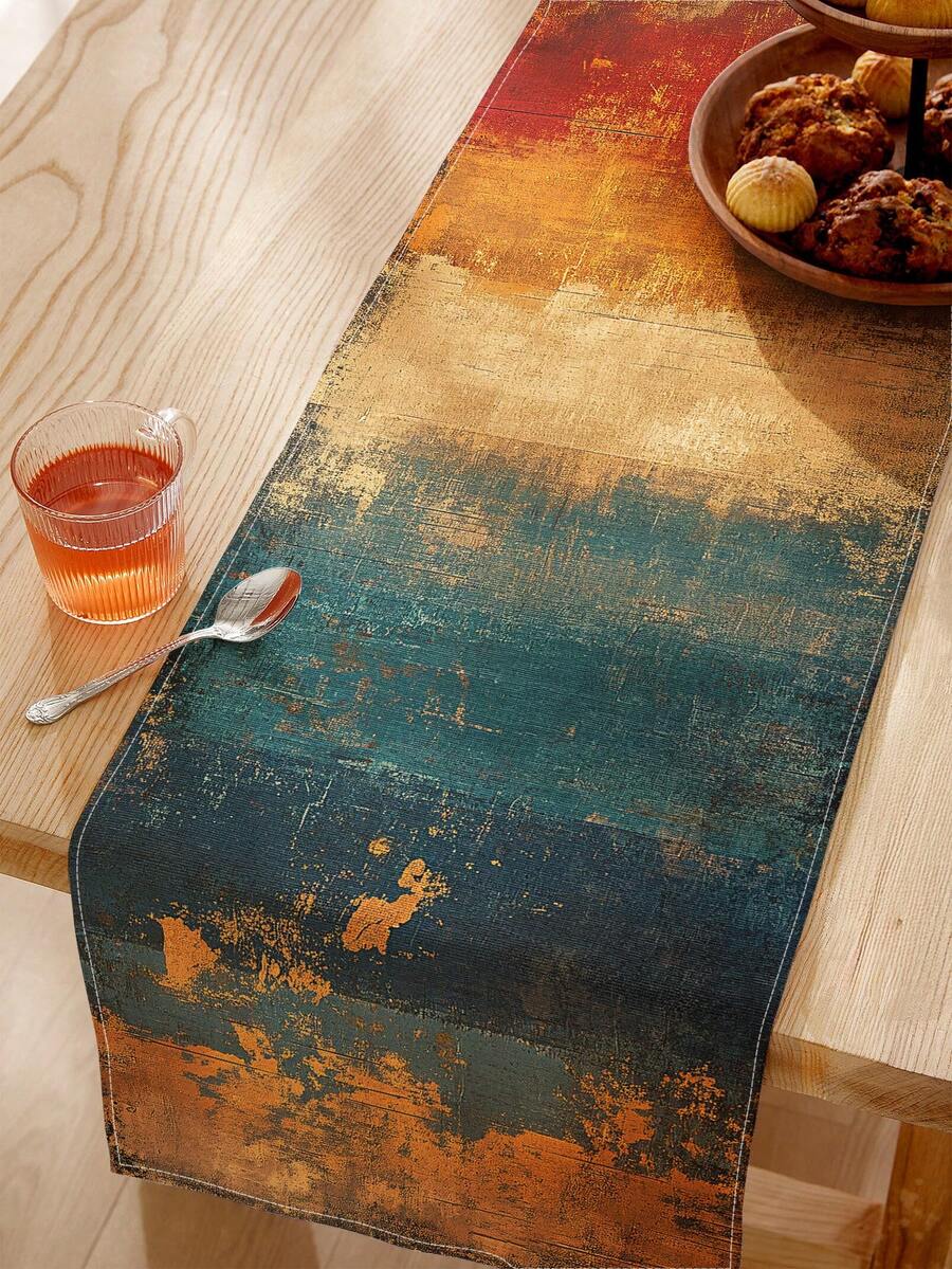 1pc Vintage Style, Distressed Texture, Red Yellow Blue Gradient, Abstract Geometric Striped Pattern Rectangular Single-Sided Printed Table Runner, Suitable For Daily Restaurant Kitchen Dining Table Decor, Cabinet Cover, Indoor/Outdoor Party, Gift For Family