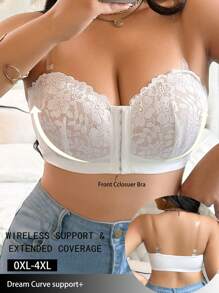 Plus Size Women Front-Closure Lace Patchwork Bra, Minimalist Wireless Comfortable Lingerie