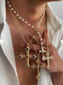 Set de 4 collares con colgante de cruz incrustado de circonia y cobre, adecuado para uso diario, fiestas y reuniones