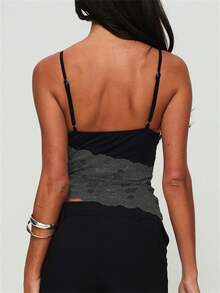Women Summer Lace Camisole Casual Irregular Patchwork V-Neck Spaghetti Straps Tank Tops Sleeveless T-Shirt - 黑色 - 查看 8
