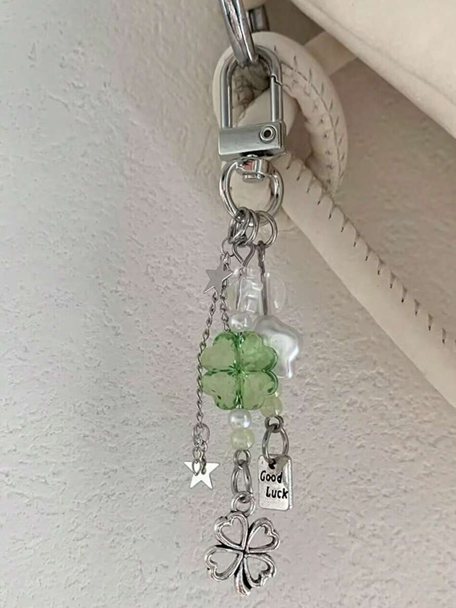 1件男女通用四叶草手机挂绳钥匙扣吊坠,串珠装饰挂绳,手工制作,送给朋友和家人的礼物,适合送给母亲、父亲、毕业生和老师。 - 綠色 - 查看 1
