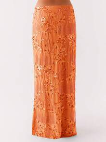 Women's Y2K Summer Sequin Maxi Skirt Sparkle Rhinestone High Waist Floral Embroidery Long Skirt Going Out Glitter Skirt Club Streetwear - 橘色 - 查看 3
