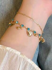 1pc Shell & Zirconia Tassel Double-Layer Bracelet, Copper Material Bohemian Ocean Style Pendant Bracelet, Suitable For Women Beach Holiday & Daily Wear - Multicolor - View 4