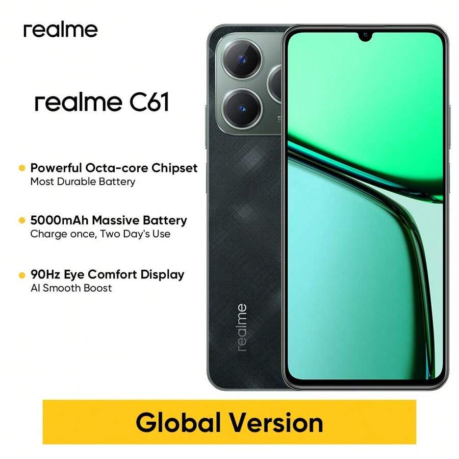 Realme Teléfono móvil desbloqueado C61, versión global con 6GB+128GB/6GB+256GB, 4G LTE, Android 14, cámara AI de 50MP, diseño ultrafino de 7.89mm y batería masiva de 5000mAh - Verde - Ver 1
