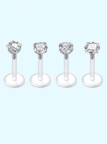 4Pcs Love/Star/Square/Round Shape Clear CZ Labret Inthread & Threadless Lip Rings Nose Rings Studs Stainless Steel Helix Conch Cartilage Earrings Piercing Jewelry For Women Man Personalized Decor