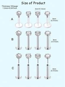 4Pcs Love/Star/Square/Round Shape Clear CZ Labret Inthread & Threadless Lip Rings Nose Rings Studs Stainless Steel Helix Conch Cartilage Earrings Piercing Jewelry For Women Man Personalized Decor